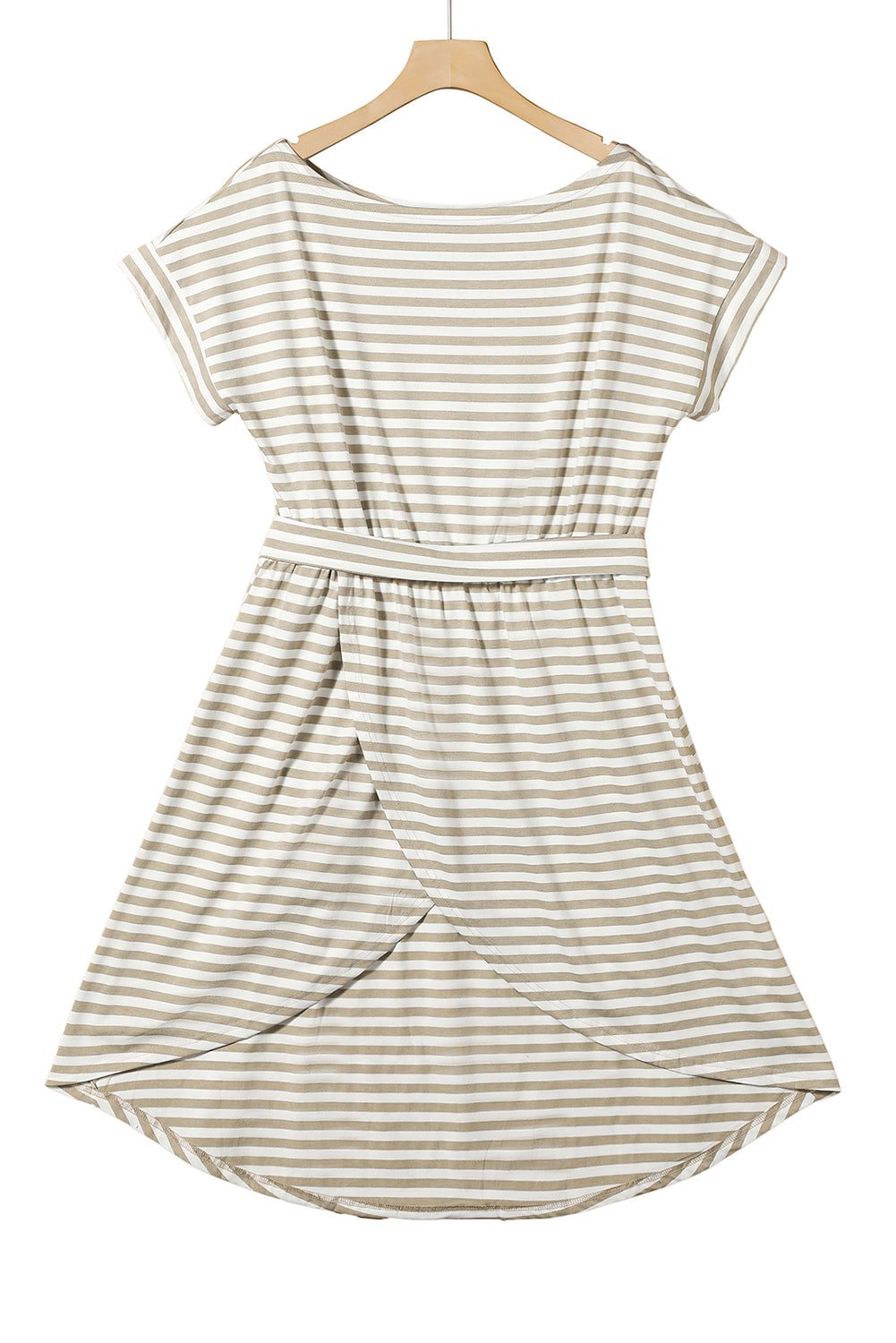 Khaki Stripe Short Sleeve Belted Wrapped Hemline T-Shirt Dress