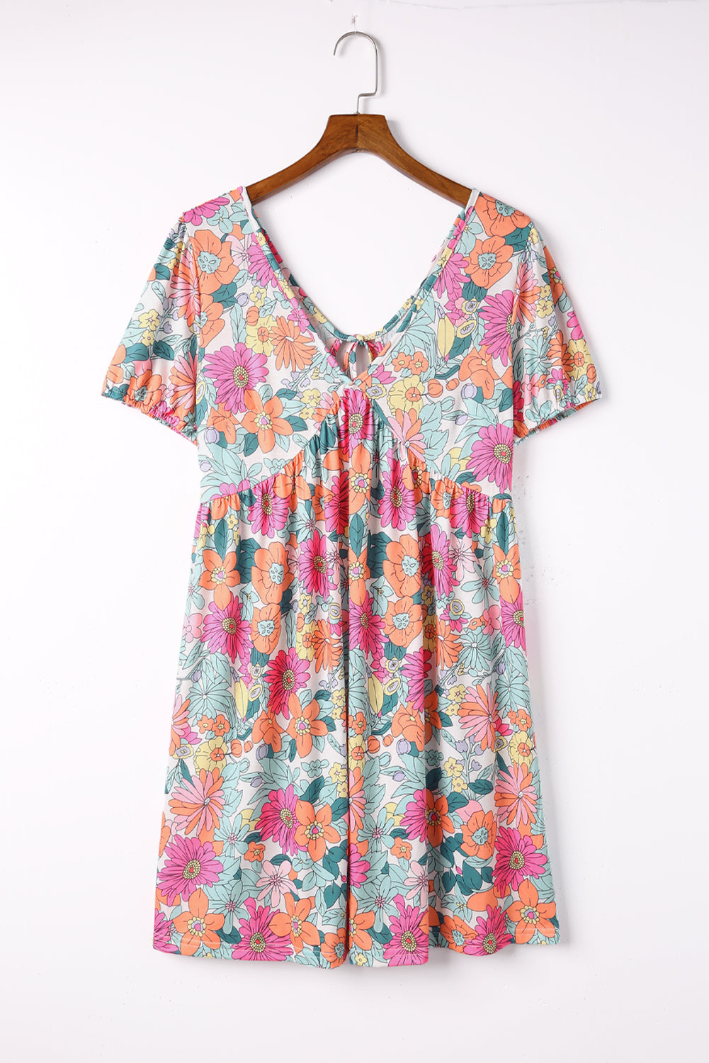 Multicolor Floral Print Tie Back Short Sleeve Dress