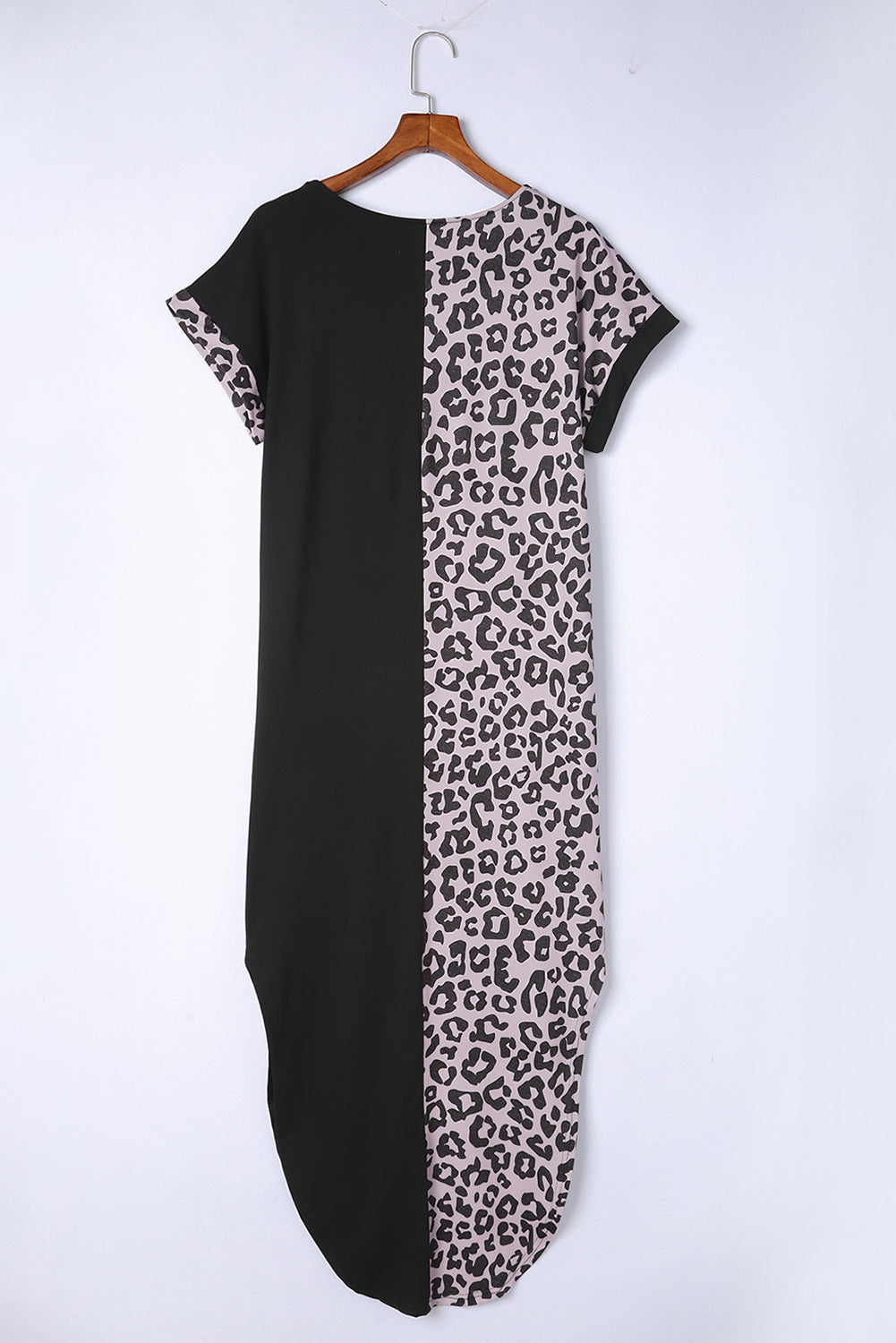 Black Contrast Solid Leopard Short Sleeve T-shirt Dress with Slits