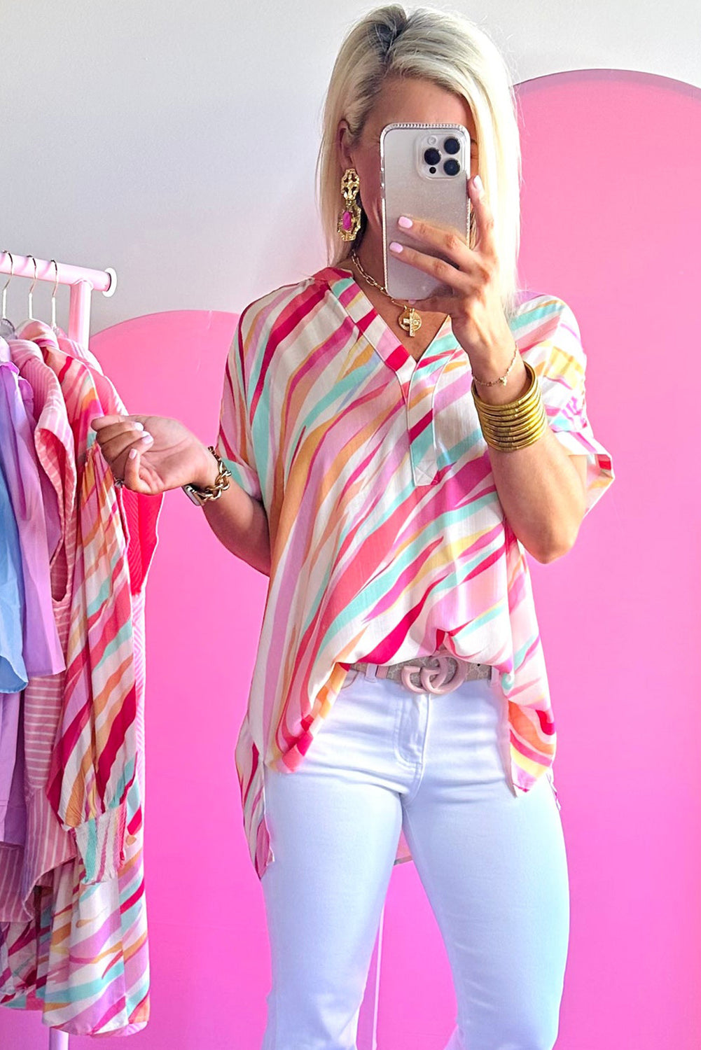 Multicolour Abstract Print High Low Short Sleeve Blouse